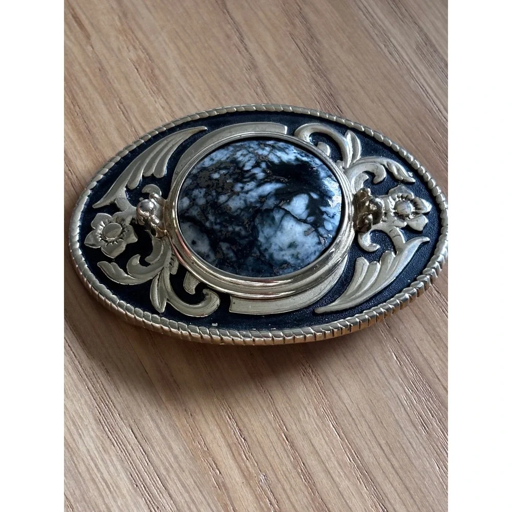 Vintage Style Oval Western Belt Buckle Silver Tone Marbled Stone Floral Filigree